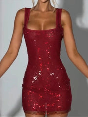 Hnewly  Square Collar Christmas Dress Women Sexy Shiny Thread Sleeveless Patchwork Wild Hottie Party Club Peach Hip Bodycon