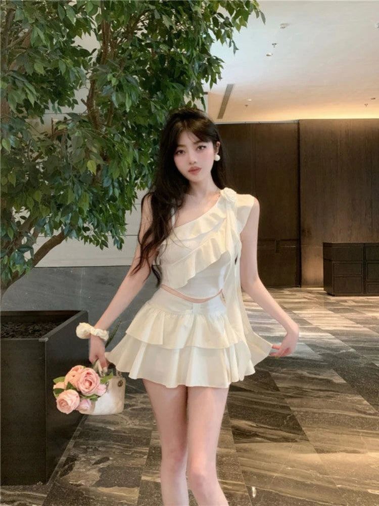 Hnewly Summer Japanese 2 Piece Skirt Set Women Off-the-Shoulder Sexy Y2k Crop Top Slim Fit Ruffle Y2k Mini Skirt Chiffon Korean