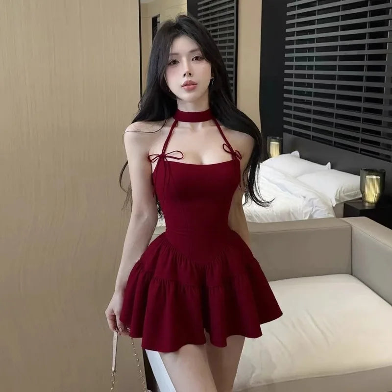 Hnewly  Woman Dress Sexy Sleeveless Halter Bow Backless Slim Summer Fashion Elegant Party Mini Dresses Clubwear Ladies Chic