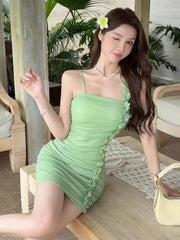 Hnewly  Mini Dresses Women Flowers Patchwork Slash Neck Slim Backless Ruched Sweet Elegant Party Dress Clubwear Female Chic