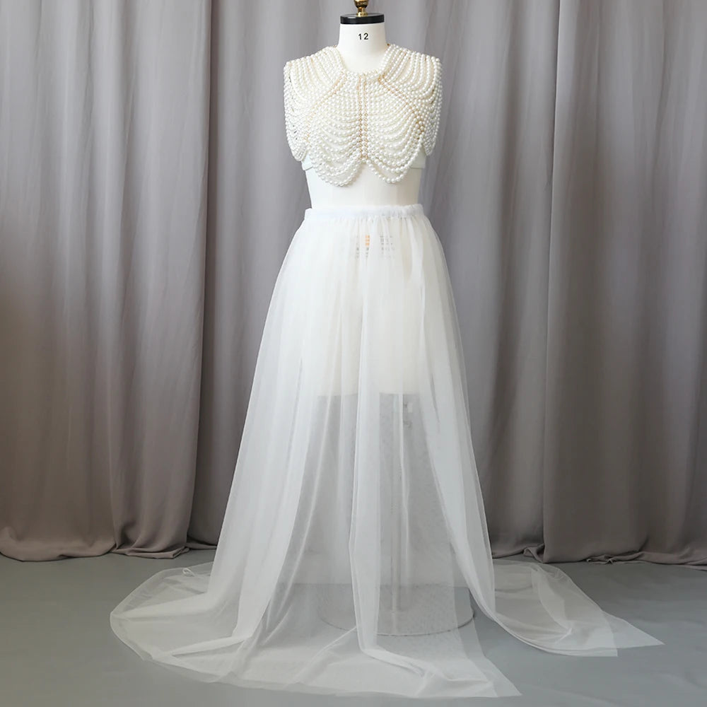 Hnewly  Elegant Maternity Photoshoot Dress and Pearl Shawl Set Pregnancy Tulle Skirt Baby Shower Pregnant Women Photography Accessories