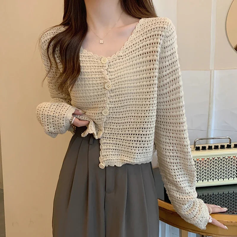 Hnewly  Women Button Up Short Cardigan Knitted Shirt Hollow Out Crochet Crop Top Long Sleeved Thin Cover Up Teen-girl Casual Outfit