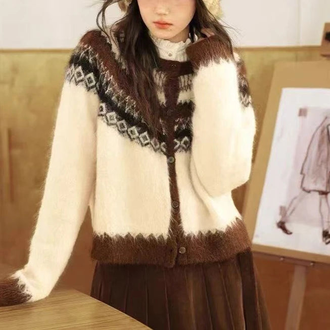 Hnewly  Button Up Fair Isle Sweater Cardigan Soft Knit Sweater Jacket Geometric Print Cozy Knitwear Teen-girl Fall Winter Vintage Outfit