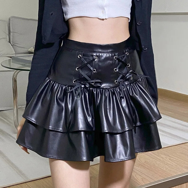 Hnewly Goth Punk PU Leather Mini Skirt Women Hight Waist Lace Up Bandage Black Pleated Skirt Streetwear Girls Lolita Skirt