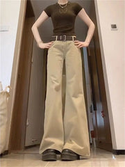 Hnewly  Women's Khaki Bootcut Jeans - Low Rise Flared Trousers 90s Vintage Wide Leg Denim Pants Casual Streetwear Y2K Fashion