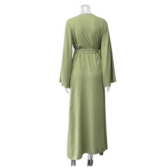 Hnewly  Casual Pleated Women's Shirt Chic V-Neck Flare Sleeve Open Stitch Lace-Up Solid Long Shirts Summer Fashion Female Robe