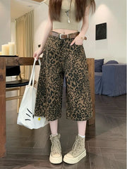 Hnewly  Women's High Waist Leopard Print Denim Shorts Summer Thin Baggy Wide Leg Pants Vintage Streetwear Cropped Trousers