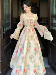 Hnewly Women French Printed Floral Midi Long Dress Summer Square Collar Lantern Sleeve Lace-up Midi Vestidos Elegant One Piece Clothing