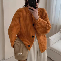 Hnewly  Button Down Crew Neck Cardigan Sweater for Women Long Sleeve Cozy Plain Cardigan Soft Knitwear Autumn Winter Casual Chic Outfit