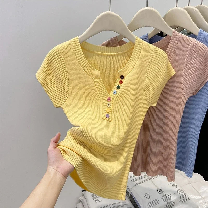 Hnewly  Summer V-Neck Short Sleeve Thin Tshirts Women Pastel Colored Button Knitted T-Shirts Teen-girl Stretch Fitted Tees Y2K Clothing