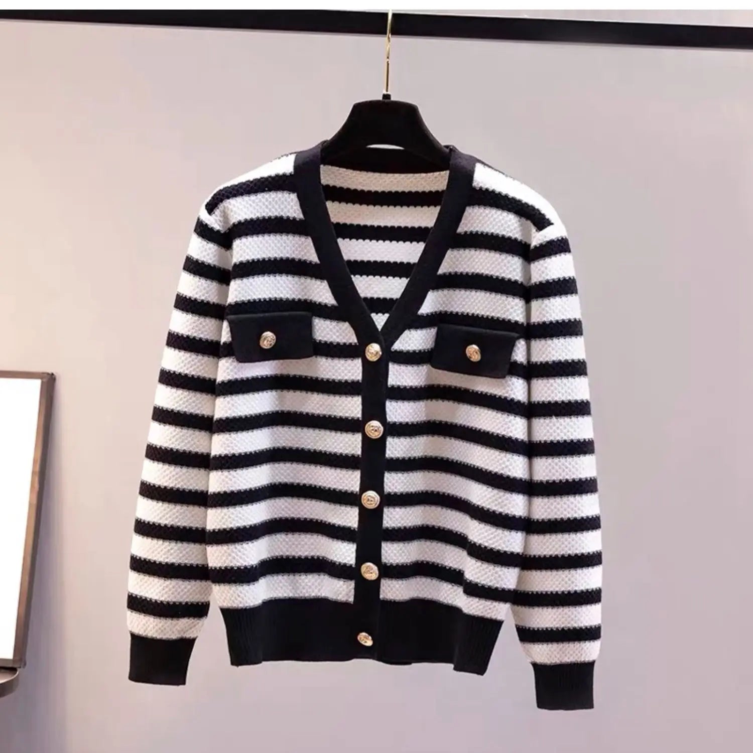Hnewly  Elegant Striped Knit Cardigan Sweater Spring Autumn New V-neck Long Sleeved Jacket Women's Fashion Gold Button Coat Top