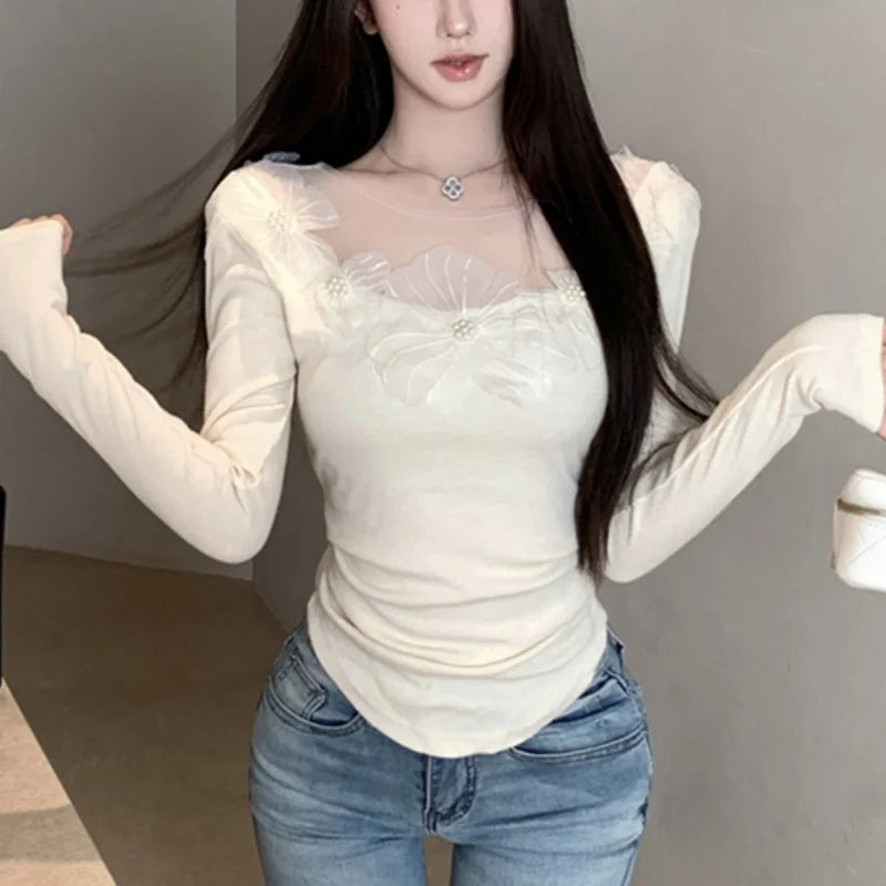 Hnewly y2k Fairycore Top Women Clothes 3D Flower Round Neck Long Sleeve Asymmetrical Hem T Shirt 2000s Clothing Streetwear