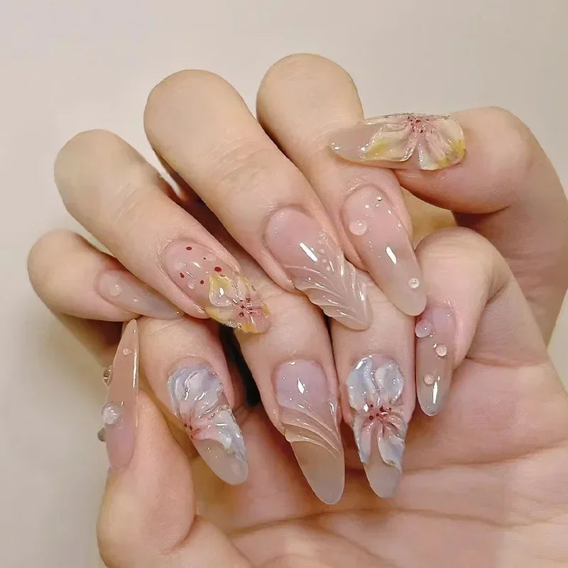 Hnewly 24pcs/Box Long Coffin False Nails Art Rose with Glue Wearable Nude Pink White Color Jelly Nails Tips Full Cover Press On Nails