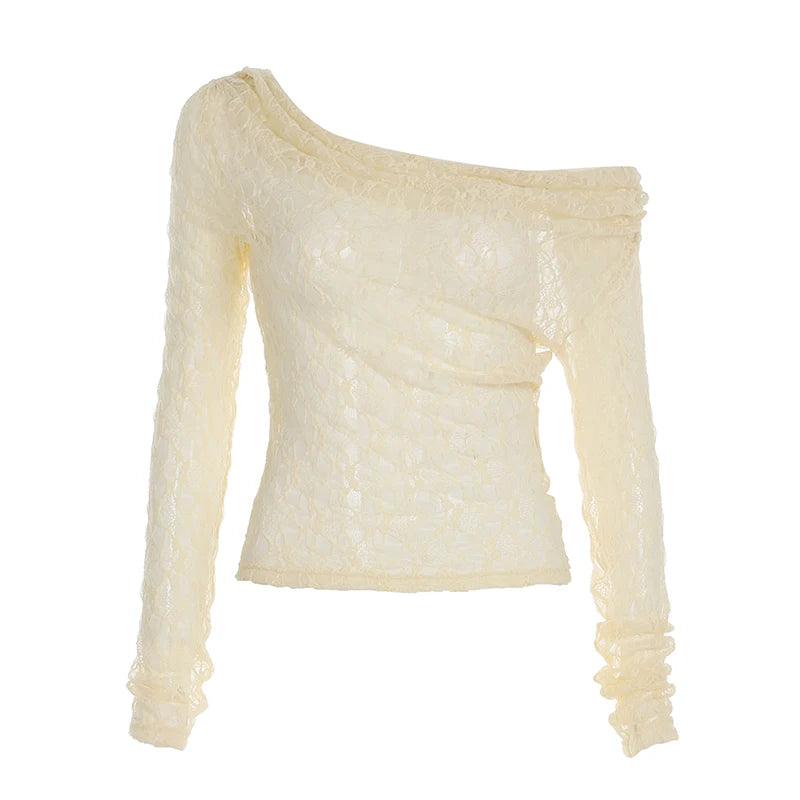 Hnewly Transparent Lace Crop Top Asymmetrical Off-shoulder Long Sleeve Smock T-shirts Women Summer Casual Tees y2k Vintage Tees