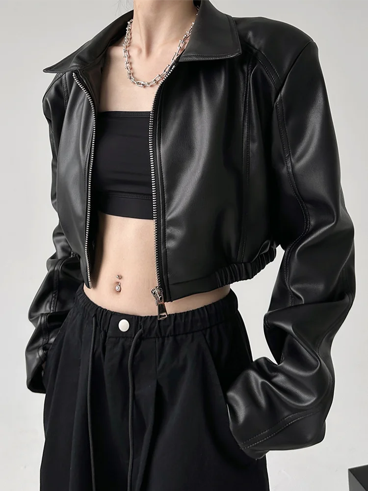 Hnewly American Vintage Pu Leather Women Jacket Y2K Black Lapel Long Sleeve Crop Coats Harajuku Streetwear Zipper Casual Outerwear