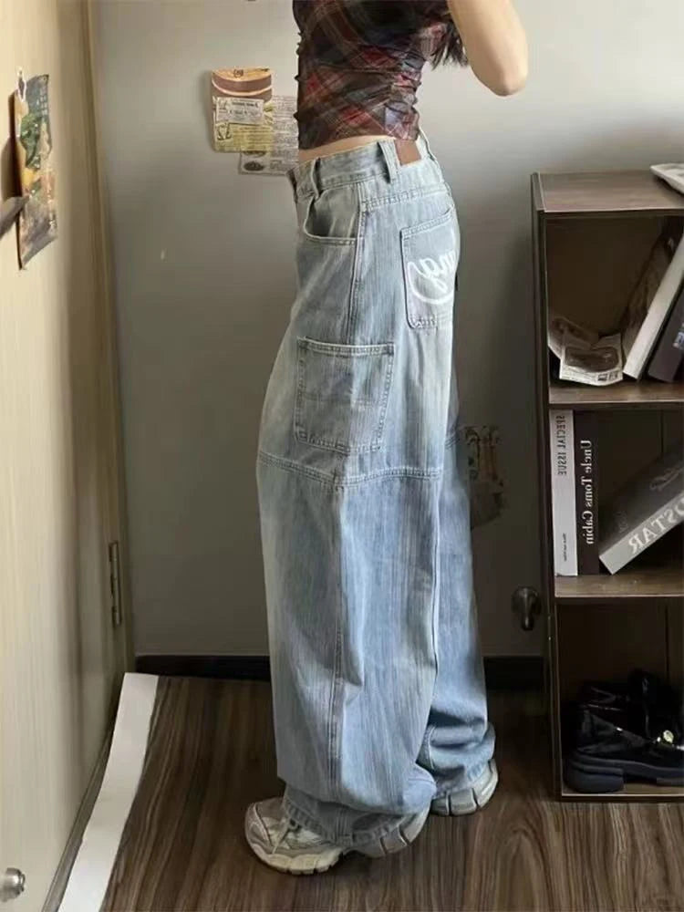 Hnewly Letter Printing Women Wide Leg Jeans Y2K High Waist Streetwear Baggy Denim Trousers Bf American Hip Hop Grunge Jeans New