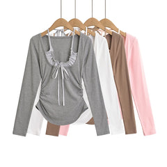 Hnewly  Sexy long sleeve crop top korean fashion kawaii clothes halter top cropped ruched t shirts women y2k crop top pink bowknot