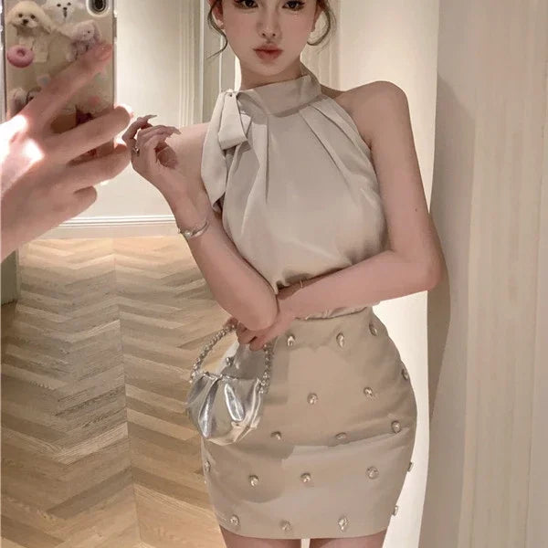 Hnewly Summer Women 2 Piece Skirt Sets Sexy Summer Strapless Bandage Sleeveless Blouses Office Lady Mini Skirts Korean Chic Y2k Suit