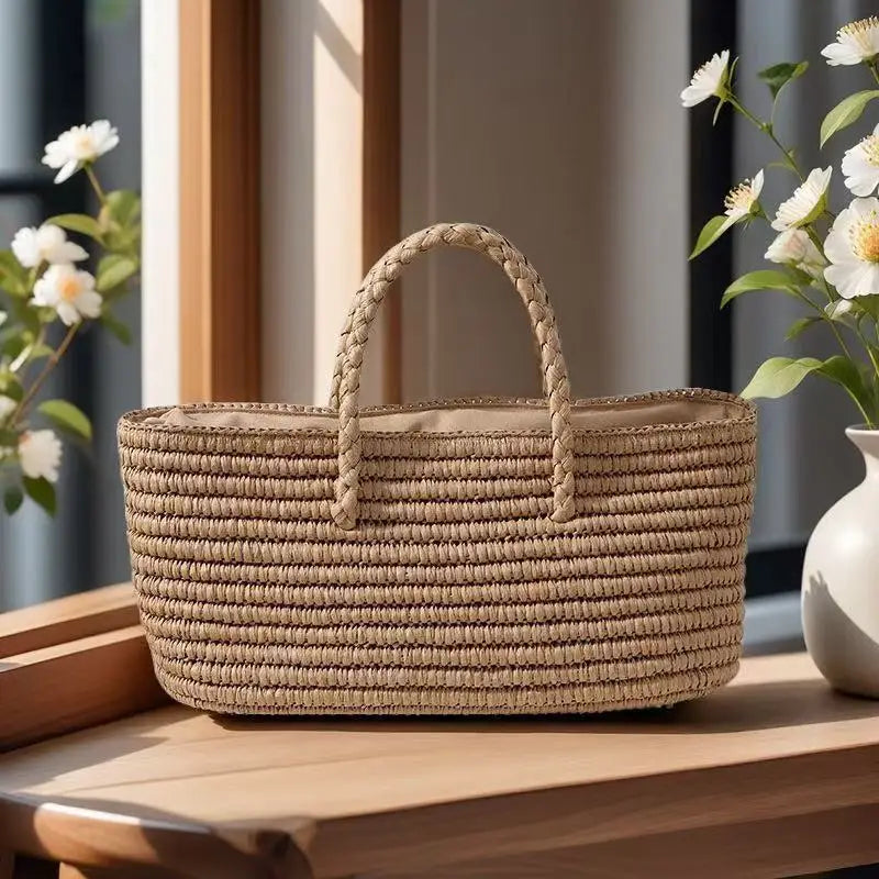 Hnewly  New Arrivals Summer Crochet Handmade Women's Tote Bag Custom Raffia Straw Zipper Waterproof Polyester 3L+ Capacity Rectangle