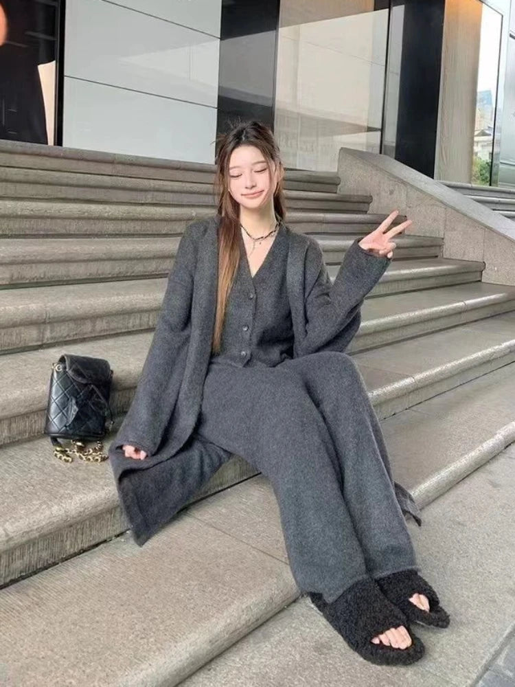 Hnewly Winter French Knitted Suits 3 Piece Set Women Casual Long Cardigan + Vintage Vest + Office Lady Long Pants Korean Fashion