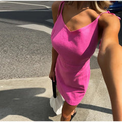 Hnewly  Sexy Backless Short Sling Dress Women Lace Up V-neck Sleeveless Female Beach Dresses Summer Lady Rose Red Holiday Robes