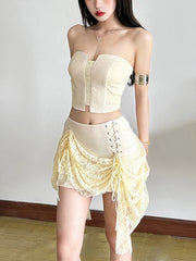 Hnewly  Elegant Women's Tube Top Lace Skirt Suit Slim Sleeveless Backless Crop Tops Ruffle Lace Up Skirts Fashion Summer Lady Set
