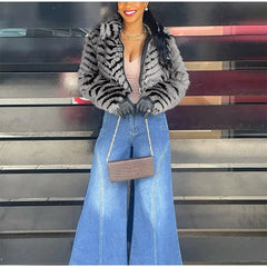 Hnewly  Street Faux Fur Short Women Jacket Urban Lapel Striped Long Sleeve Zippers Female Outwear Autumn Winter Chic Lady Coat New