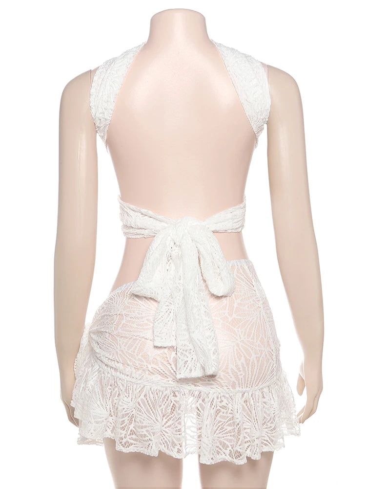 Hnewly   Sexy See Through 2 Piece Set Women Halter Cross Low-Neck Bandages Mini Tops+Ruched Lace-Up Skirts Y2K Style Outfits