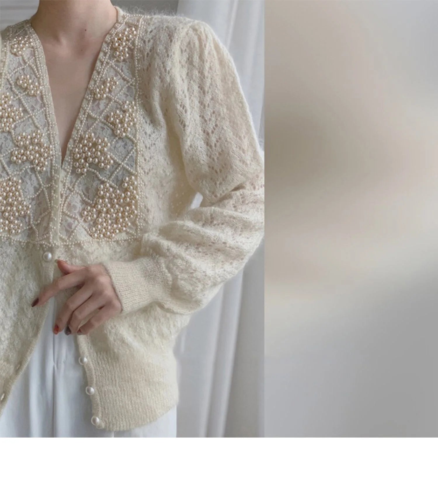 Hnewly  Women Luxury Pearls Beaded Mohair Sweater V-neck Hollow Out Thin Loose Knitted Cardigan Korean Elegant Long Sleeved Spring Top