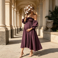 Hnewly  Soft Gauze Cotton Maternity Gown Off Shoulder Elastic Top With Bubble Sleeves Dress Breathable Flowly for Pregnancy Photos