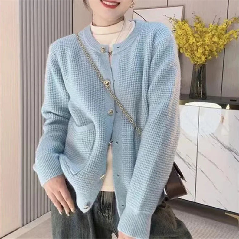 Hnewly  Temperament O-Neck Short Waffle Sweater Autumn/Winter French Elegant Long Sleeve Knitted Cardigan Women's Solid Versatile Coat