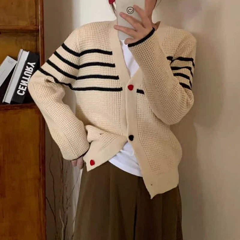 Hnewly  Striped Knit Cardigan Sweater with Heart-shape Button Front V-Neck Sweater Jacket Female Autumn Winter French Chic Cute Outfit