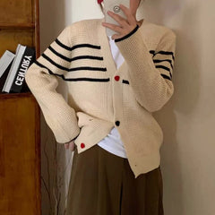 Hnewly  Striped Knit Cardigan Sweater with Heart-shape Button Front V-Neck Sweater Jacket Female Autumn Winter French Chic Cute Outfit