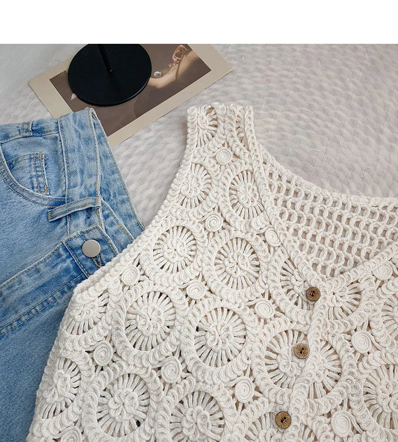 Hnewly Women Summer Hollow Out Knit Vest French Style V-Neck Sleeveless Hooked Flower Sweater 2023 New All-Match Outwear Short Top
