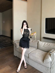 Hnewly  Woman Dress Sexy Sleeveless Lace Patchwork Bow Bandage Summer Fashion Elegant Slim Party Mini Dresses Female Club