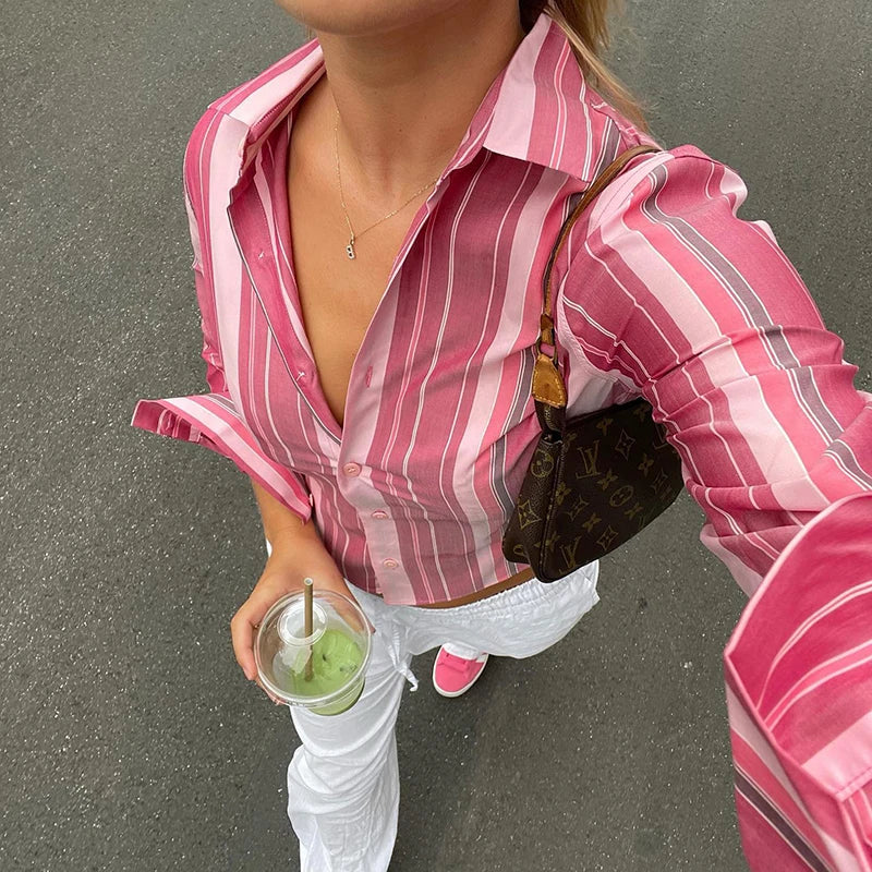 Hnewly Vintage Striped Print Blouse Pink Button Up Full Sleeve Crop Top for Women y2k Sweet Tees Autumn Fashion Streetwear Shirt