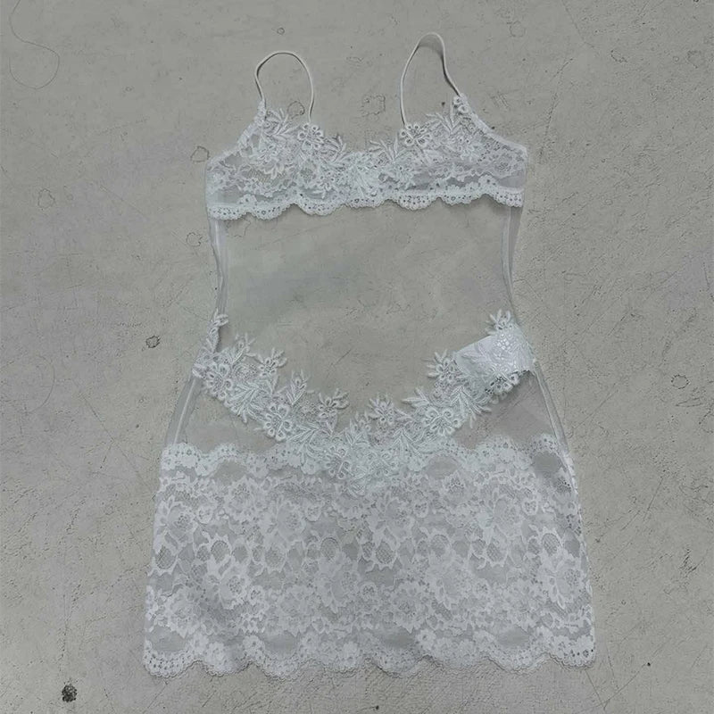 Hnewly  Sexy Transparent Women's Dress Halter Sleeveless Backless Voile Lace Female Dresses Summer Club Hot Fashion Lady Solid Robe