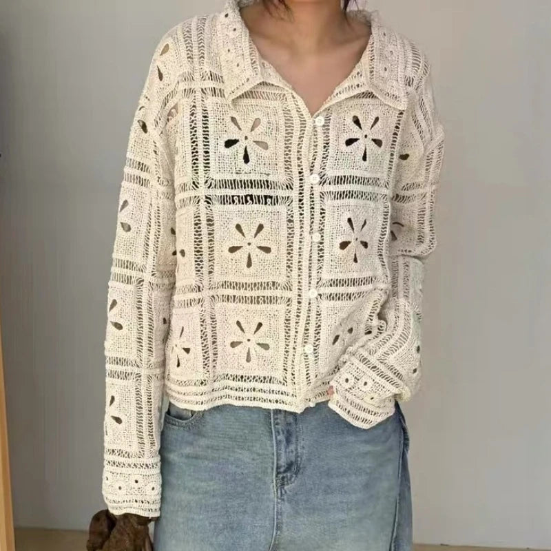 Hnewly  Embellished Crochet Cardigan for Women Long Sleeves Button-up Polo Collar Openwork Knitted Jacket Boho Chic Vacation Outfit