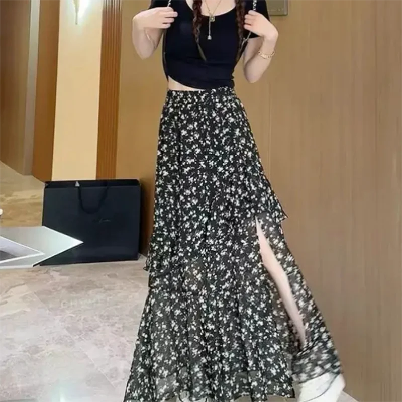 Hnewly  French Retro Floral Print Long Skirt Women Elegant Ruffled Hem Spilt Black Skirts Ladies Summer Elastic Waist A-Line Skirt Mujer