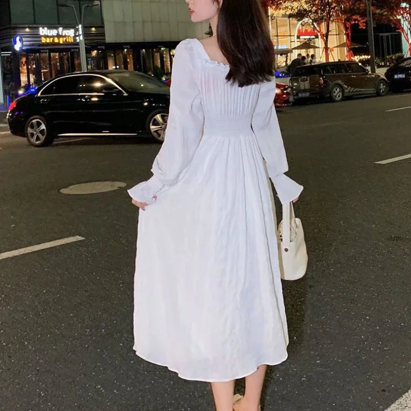 Hnewly DRESS TO IMPRESS Dress Women Gentle Vintage Pure Chic Long-sleeve Folds Square Collar A-line  Autumn Dating Vestidos Defined Aesthetic OOTD