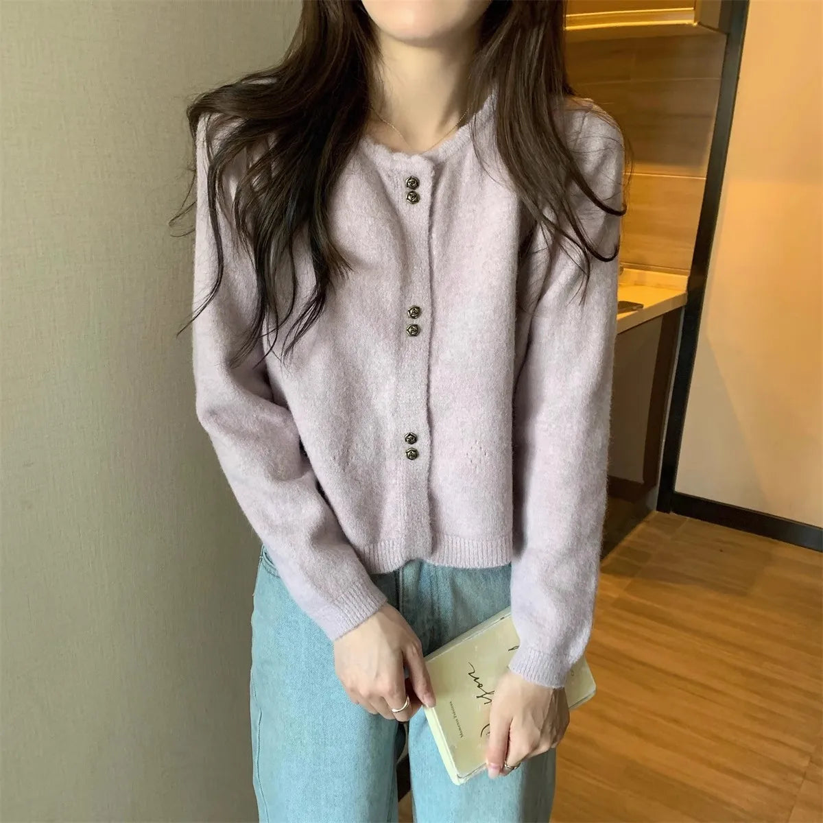 Hnewly  Sweet Short Hollowed Out Sweater Chic Buttons Long Sleeved Knitted  Cardigan Jacket Korean series Round Neck Loose Top