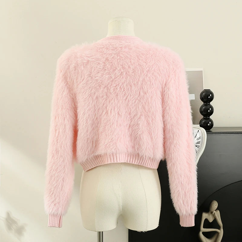 Hnewly  Heart Button Plush Soft Sweater Coat Autumn/Winter New Women's Fashion Shiny Diamond V-Neck Short Knitted Cardigan Top