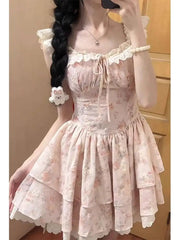 Hnewly  Fairy Skirt Dress Summer Waist Cinched Short Bouncy Sleeve Strapless Polyester Korean Style Commute A-Line Dress