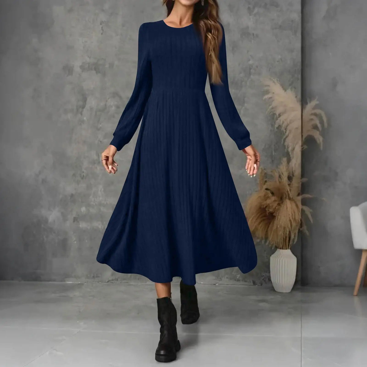 Hnewly  Fashion Round Neck Long Sleeve Solid Colour Casual Maxi Dress for Female Simple Daily Versatile High Waist Comfy Dress