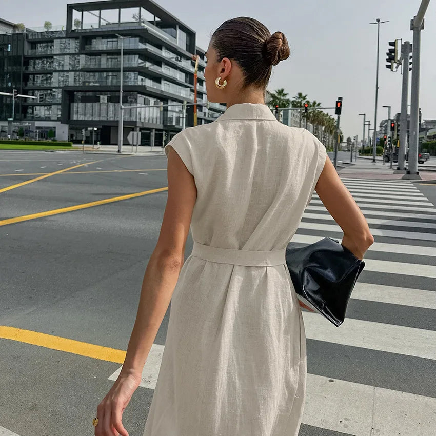 Hnewly Spring Summer Fashion New Long Dress Elegant French Style Cotton Linen Suit Collar Belt Office Lady Dress