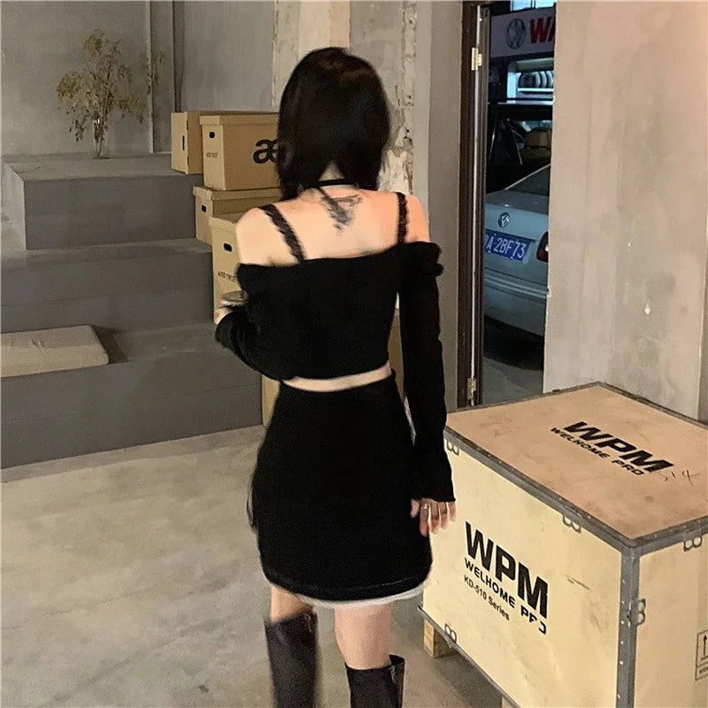 Hnewly Black Lace Goth Skirt Women Streetwear Chic Belt Mini Fairy Grunge Skirts Patchwork Design Sexy Causal Skirts Womens Summer