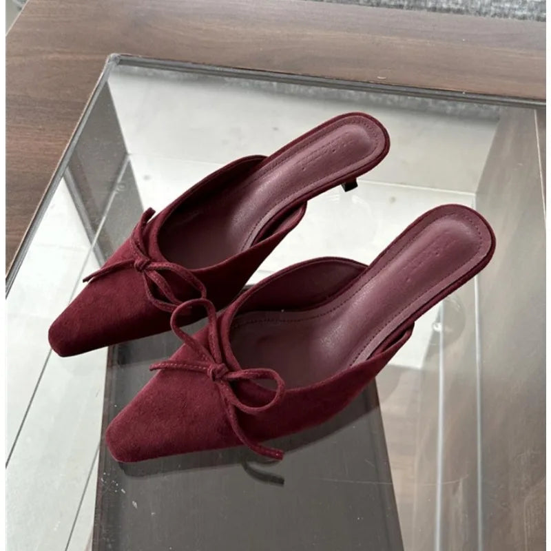Hnewly Women Baotou High Heel Half Slippers French Bow Sexy Commuter Pointed Shallow Mouler Shoes Stripper Mules Shoes High Heel Shoes