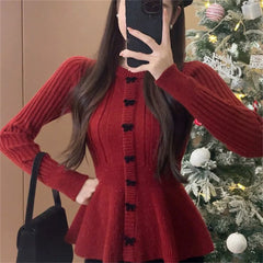 Hnewly  New Year Ruffles Women's Basic Pullovers Knitwear Long Sleeve Casual Loose Japanese Cute Sweet Girls Bow Red Knitted Sweaters