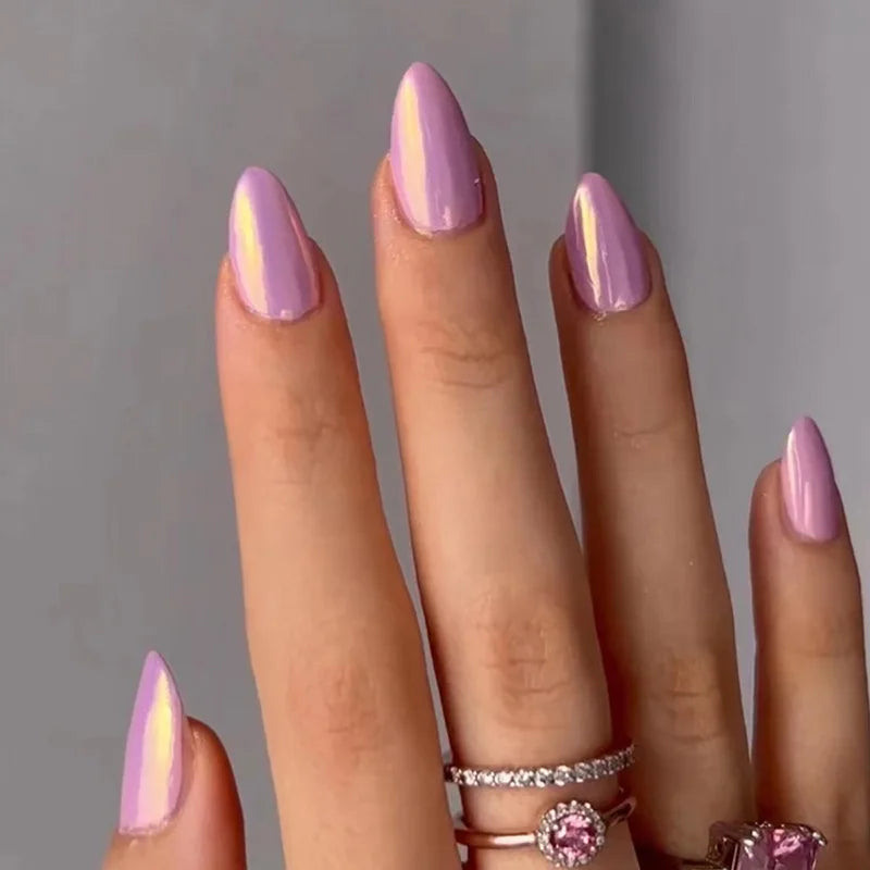 Hnewly 24Pcs Solid Color Grey Almond Fake Nail Cat's Eye Design Wearable Round Head False Nails with Shiny Powder Press on Nails