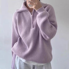 Hnewly  Quarter Zip Sweater Pullover Women Chunky Knit Polo Collar Oversize Jumper Sweater Jacket Teen-girl Autumn Winter Casual Outfit